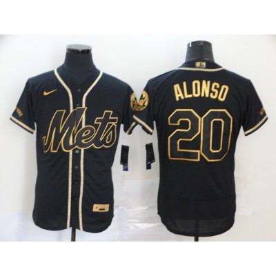 Men's New York Mets #20 Pete Alonso Black & Gold Cool Base Stitched Jersey - Click Image to Close